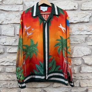 Casablanca Men's Tropical Print Casual Button Down Shirt - Orange and Green